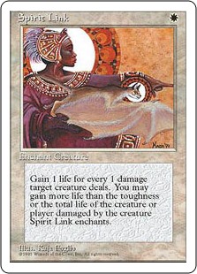 Spirit Link
 Enchant creature (Target a creature as you cast this. This card enters the battlefield attached to that creature.)
Whenever enchanted creature deals damage, you gain that much life.